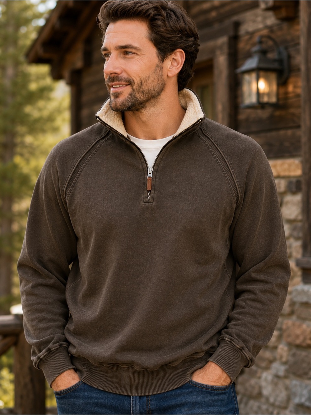 BKE Brown Quarter Zip Sherpa Trim Pullover Sweater Men’s Size L Cotton